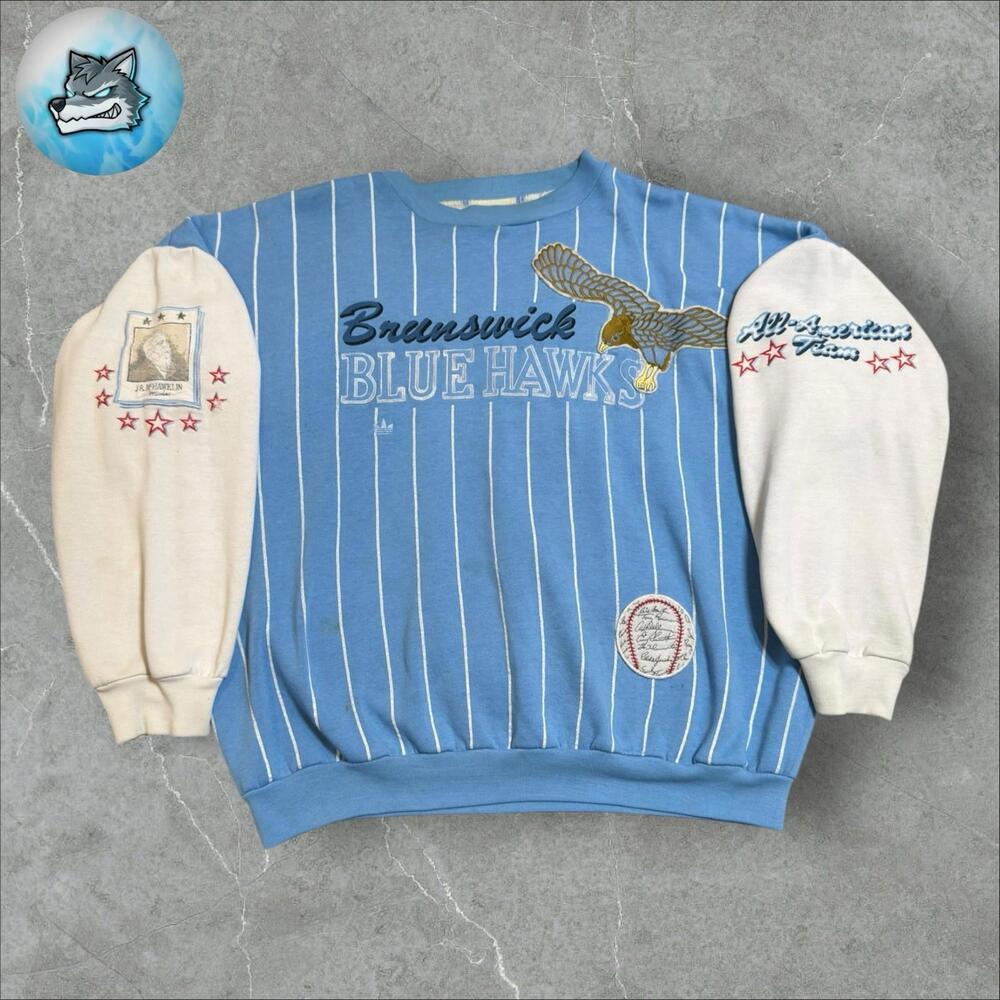 Vintage 80s Adidas Brunswick Blue Hawks Baseball Sweatshirt Crewneck Large Rare